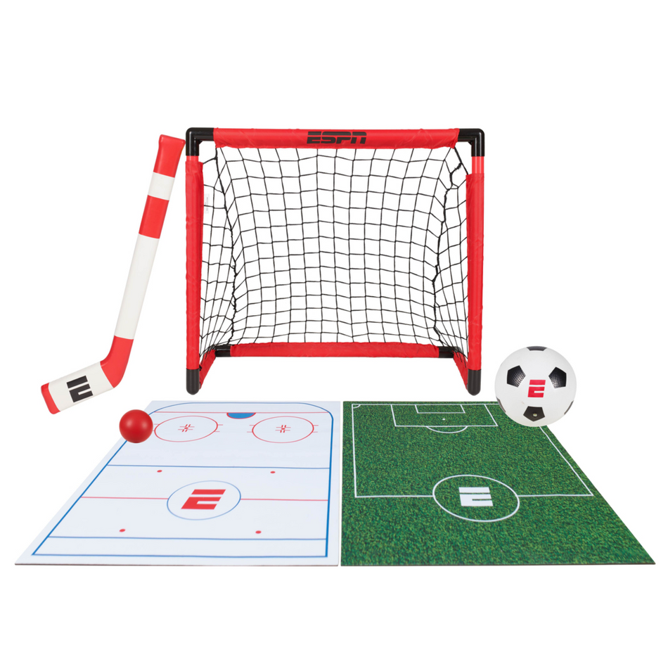 ESPN Soccer Goal and Hockey Goal Combo Set for Kids, Includes Mini Soccer Ball, Hockey Ball, Mini Hockey Stick, and 2 Play Mats